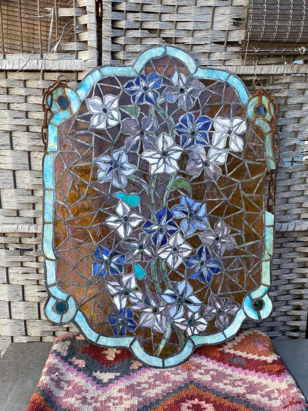 Antique Stained Glass Leaded Panel Victorian Salvage Mosaic Periwinkle Flowers - Picture 7 of 14